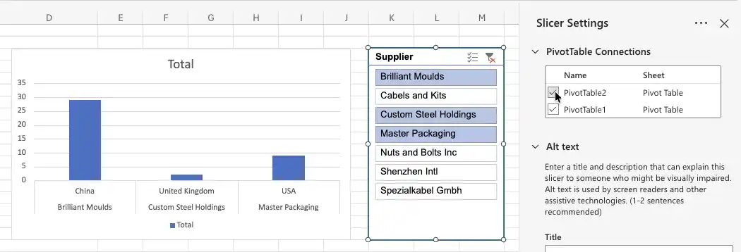 A lista Conexões de Tabela Dinâmica no dashboard de configurações de Segmentação de Dados do Excel, com duas Tabelas Dinâmicas marcadas para que uma única segmentação controle as duas